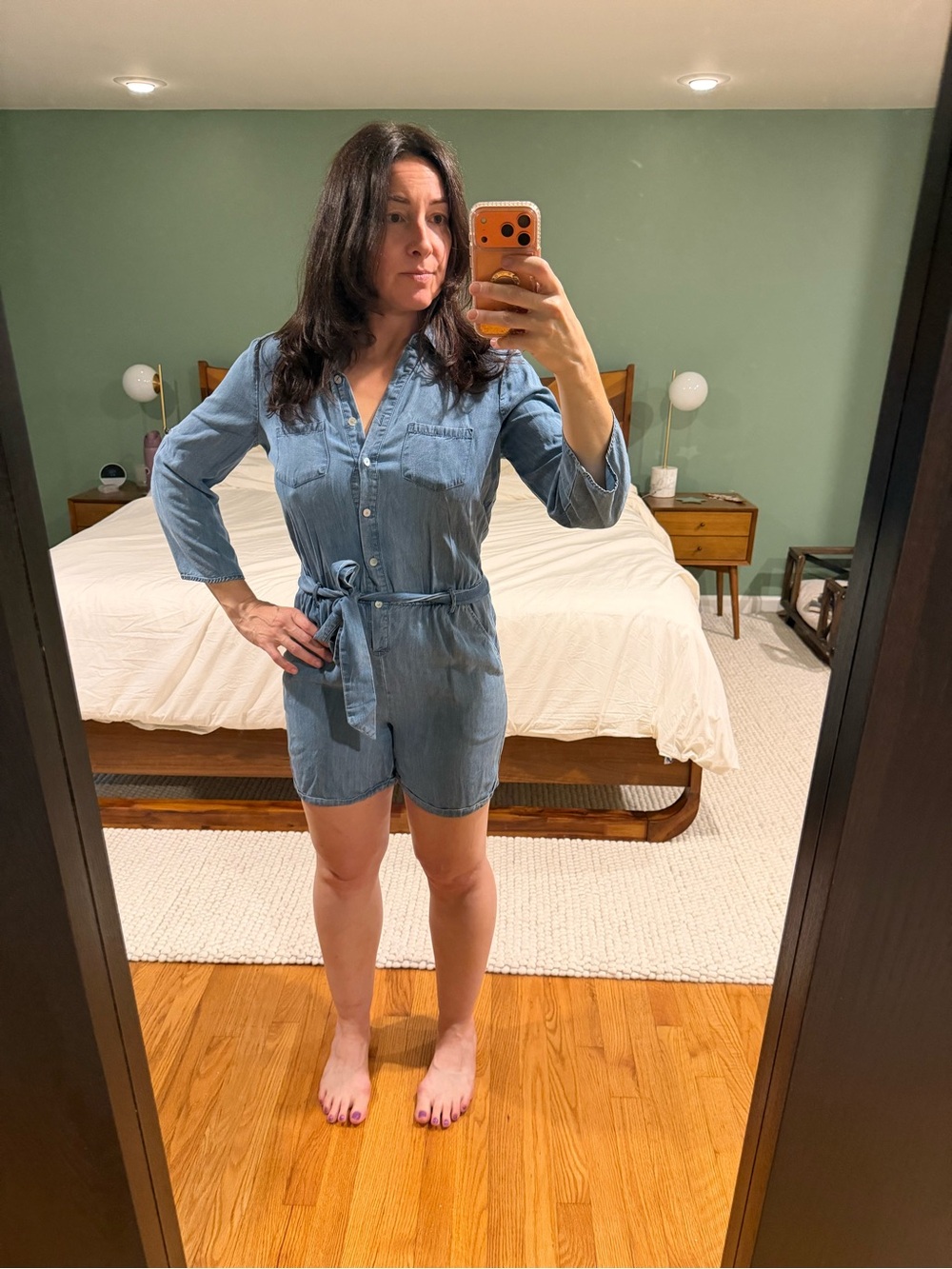 Neiman Marcus Women's Denim Jean Shorts Jumpsuit - Blue